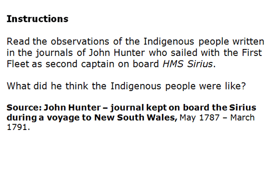 Instructions to read extracts from the 1787 journals of John Hunter recording impressions of the Indigenous people