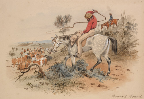 &lsquo;Homeward Bound (Stock Riders)&rsquo;, c.1862, watercolour, S T Gill attrib., in Dr Doyle's Sketchbook. 