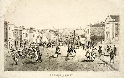 Collins St looking west from Russell st, 1853