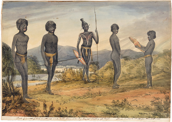 View of a river landscape with five cut out pasted down drawings of five standing Aborigines