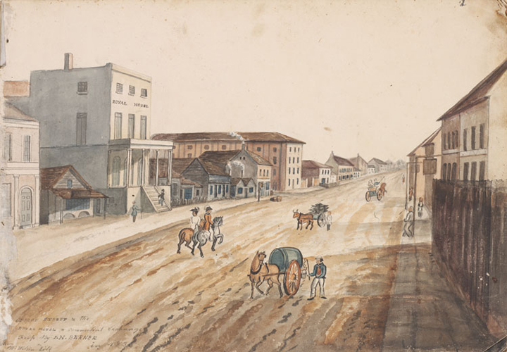 George Street, the Royal Hotel & Commercial Exchange, 1836, watercolour by I. H. Berner, in G. Roberts' album,'The holes and corners of Sydney as they are and as they were'. 