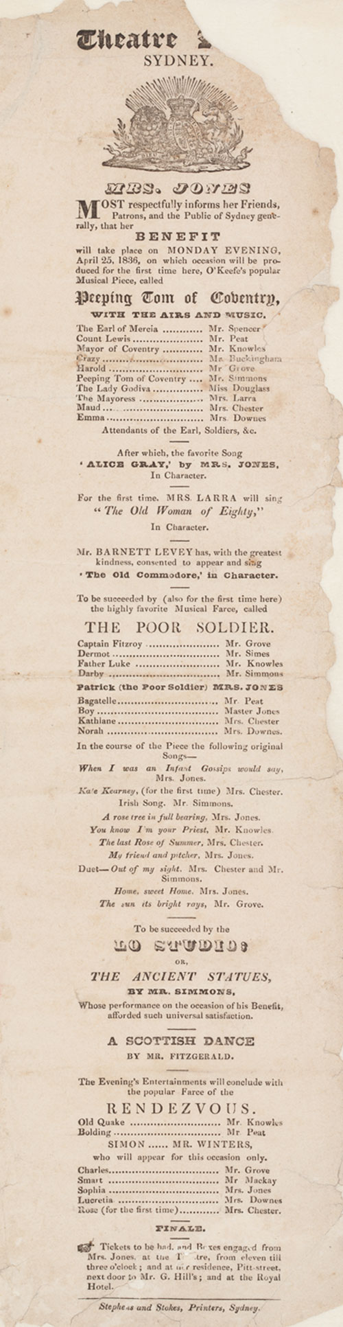 Theatre Broadside: Benefit: Mr Barnett Levey as 'The Old Commodore' in Character, 25 April 1836,  Theatre Royal, Sydney, printed. 