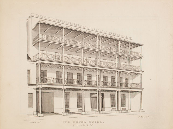 The Royal Hotel, Sydney, engraving by Joseph Fowles, Sydney in 1848, 