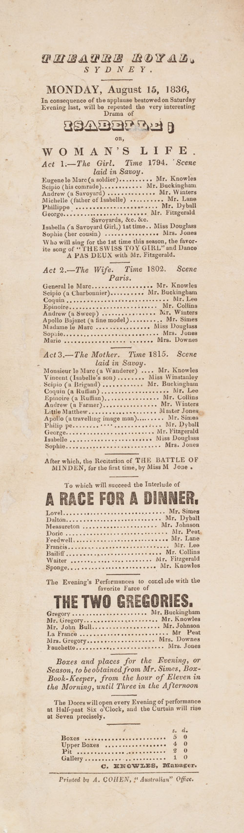 Theatre Broadside: 'Isabelle or Woman's Life' , 15 August 1836, Theatre Royal, Sydney, printed. 