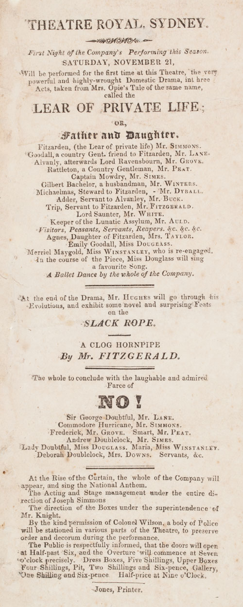 Theatre Broadside: 'Lear of Private Life' with full company singing National Anthem, 21 November ?, Theatre Royal, Sydney, printed. 