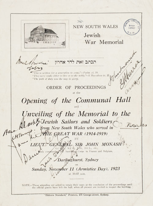 Cover, Order of Proceedings at the Opening of the Communal Hall and Unveiling of the Memorial to the Jewish Sailors and Soliders from NSW who served in the Great War, 11/11/1923. Printed pamphlet.
