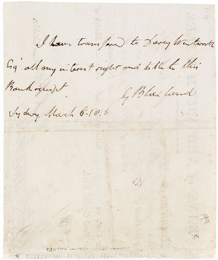 Receipt issued by the Bank of New South Wales to Gregory Blaxland