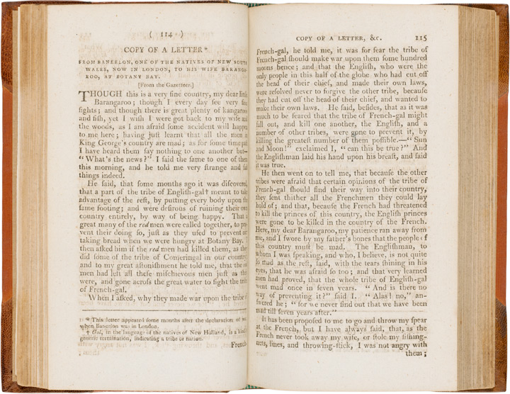 This rare satirical squib was written by a European author familiar with the First Fleet chronicles and pretends to be a letter from Bennelong to his wife