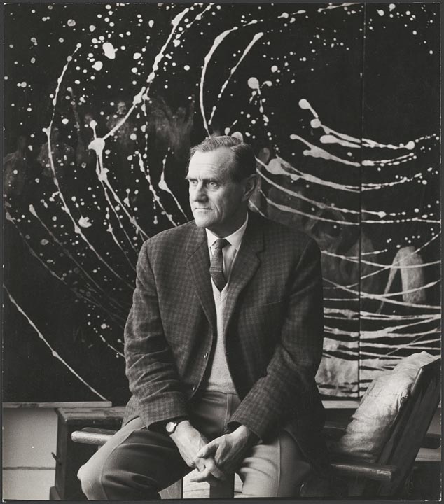 Portrait of Patrick White in front of The Galaxy, by Sidney Nolan, 1963
