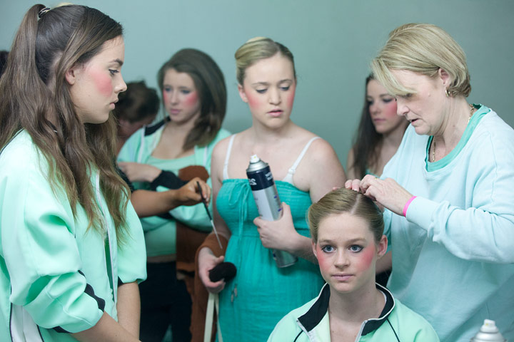 The grooming routine for teams in the 15&ndash;16 years section, Sydney Olympic Park, sees eight girls made up simultaneously. Lipstick always goes on at the last possible moment