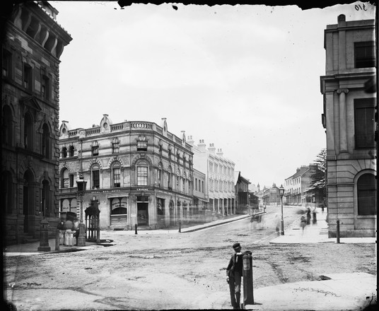 Looking east up Hunter Street from the corner of Pitt & O'Connell Streets (and showing C.M. Ware's Royal Mail Hotel), Sydney