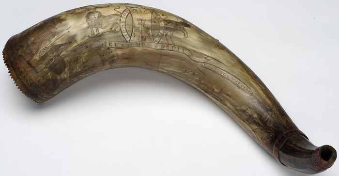 Scrimshaw powder horn, c. 1839