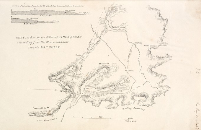 Sketch shewing the different lines of road descending from the Blue Mountains towards Bathurst