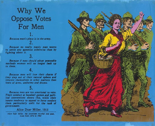 Poster depicting key points from the passage of why men do not deserve votes.