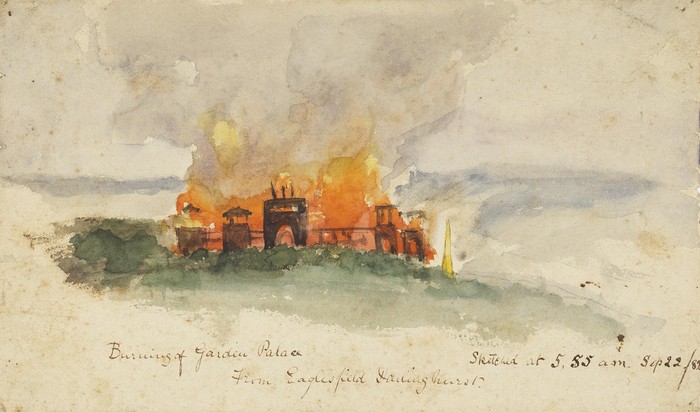 Burning of the Garden Palace from Eaglesfield, Darlinghurst, sketched at 5.55 am, Sept 22 / 82