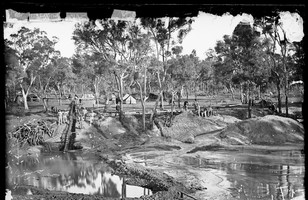 Gold sluice and tailings on the river, probably Home Rule (?)