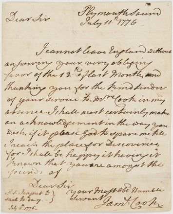 Letter from James Cook to Rev Dr Richard Kaye