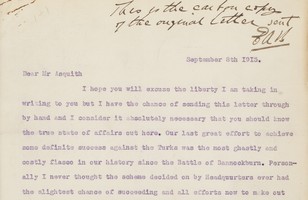 Letter from Ellis Ashmead Bartlett to Prime Minister Asquith, 8 September 1915