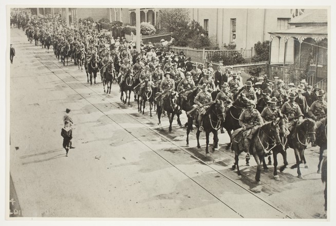 C Squadron 3rd Light Horse Regiment marching through Hobart, Hudson Fysh in second to front row, 1928