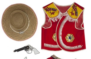 Children’s cowgirl costume with plastic toy guns, 1965–1975
