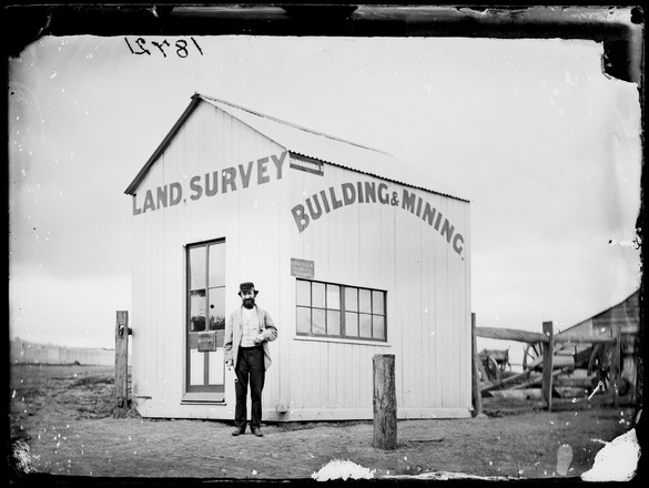 C. Mayes (?), surveyor, outside his office, Hill End