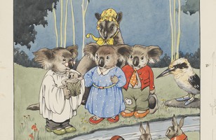Drawing of Blinky Bill’s christening, with notations for colour alteration, c. 1932