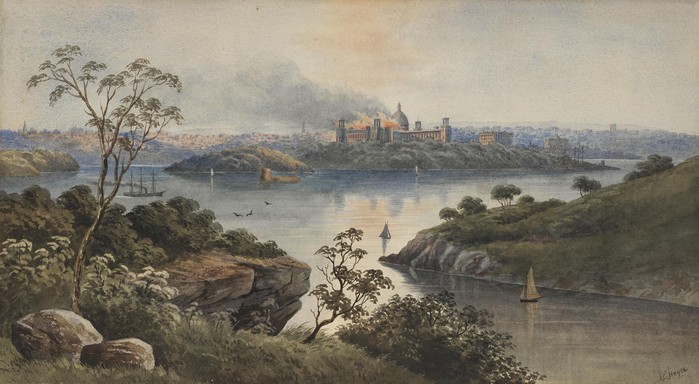 The burning of the Garden Palace, seen from the North Shore, 1882