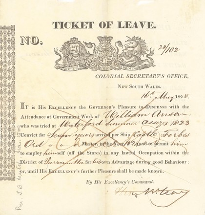 Ticket of leave for William Anson, 16 May 1828