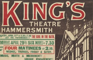 Billboard poster advertising Anzac Coves 1st Australian HQ Pierrot Troupe, to perform at Kings Theatre Hammersmith, April 1918