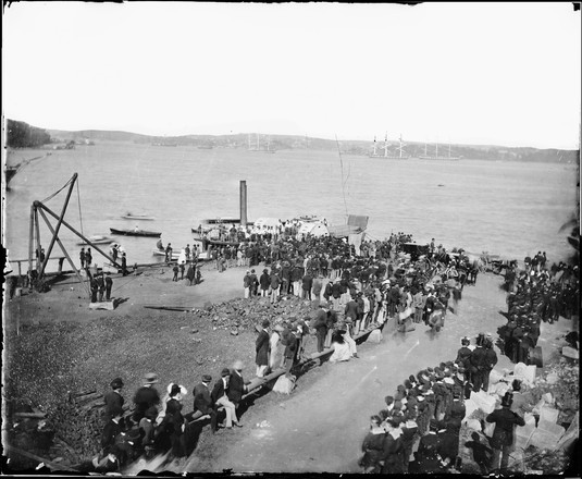 Funeral cortege of Commodore of the Australian Station, James Goodenough, Milsons Point for the trip to St. Thomas's Church, North Sydney