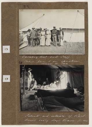 Operating tent and staff. Taken prior to an operation, Lemnos Island, 1915 
Patients and interior of ward during early days.
