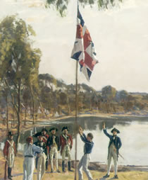 closer view of official party raising the British flag at Sydney Cove