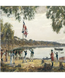 full view of Talmage&rsquo;s painting of the founding ceremony, Sydney Cove, 1788.