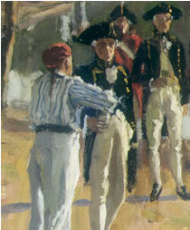 A shipman pours beverage for an officer while the flag is raised
