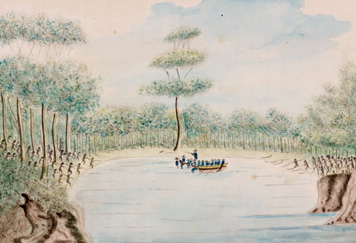 Painting of two Aboriginal people being taken by English soldiers in a bay surround by more Aborigines.