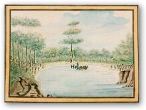 Painting of two Aboriginal people being taken by English soldiers in a bay surround by more Aborigines. 