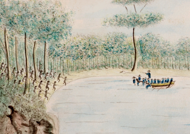 Painting of two Aboriginal people being taken by English soldiers in a bay while other Aboriginal people throw spears at them.