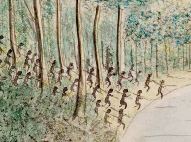 Close up painting of Aboriginal people throwing spears.