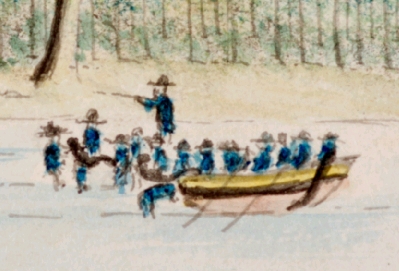 Close up painting of two Aboriginal people being taken by English soldiers.