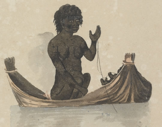 An Aboriginal woman sits in a canoe made of reeds. She dangles a line over the edge. A baby is lying in the bow facing her.