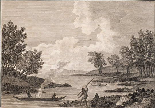 The scene shows tree covered river banks and Aboriginal men on a bank and in a canoe which has smoke billowing from it.