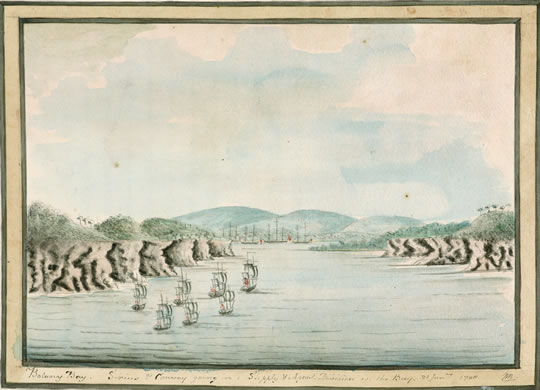 Colour sketch: Botany Bay. Sirius and convoy going in: Supply and &#8230;Division in the Bay 21 January 1788 W. Bradley