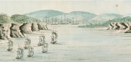 Colour sketch: Botany Bay. Sirius and convoy going in: Supply and &#8230;Division in the Bay 21 January 1788 W. Bradley