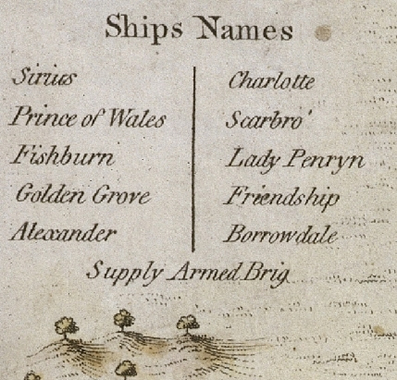 Map excerpt - legend of ships in Sydney Cove