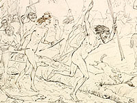 Natives spearing the Overlanders cattle and Overlanders attacking the natives, 1846
