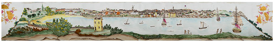 Chinese export ware punchbowl featuring a scene of Sydney Cove before 1820