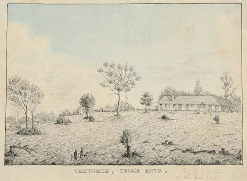 Tamworth, Peel&rsquo;s River, c. 1845, pen & ink drawing by J.C. Willis.  