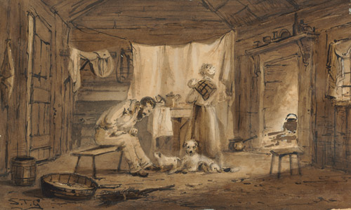 'Stockman&rsquo;s Hut, Victoria', c.1860,  wash drawing by S T Gill.  
