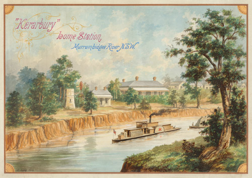 Kerarbury Home Station, Murrumbidgee River, NSW, with river boat, c.1880, watercolour by L. Lang.  