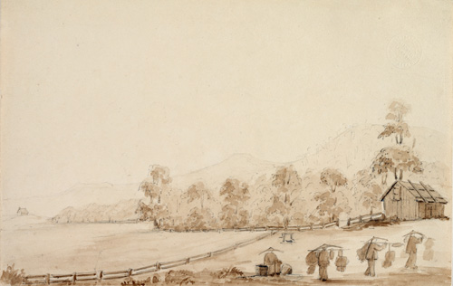 Untitled landscape showing Chinese workers in foreground...1860 by Mrs B.H. Martindale
